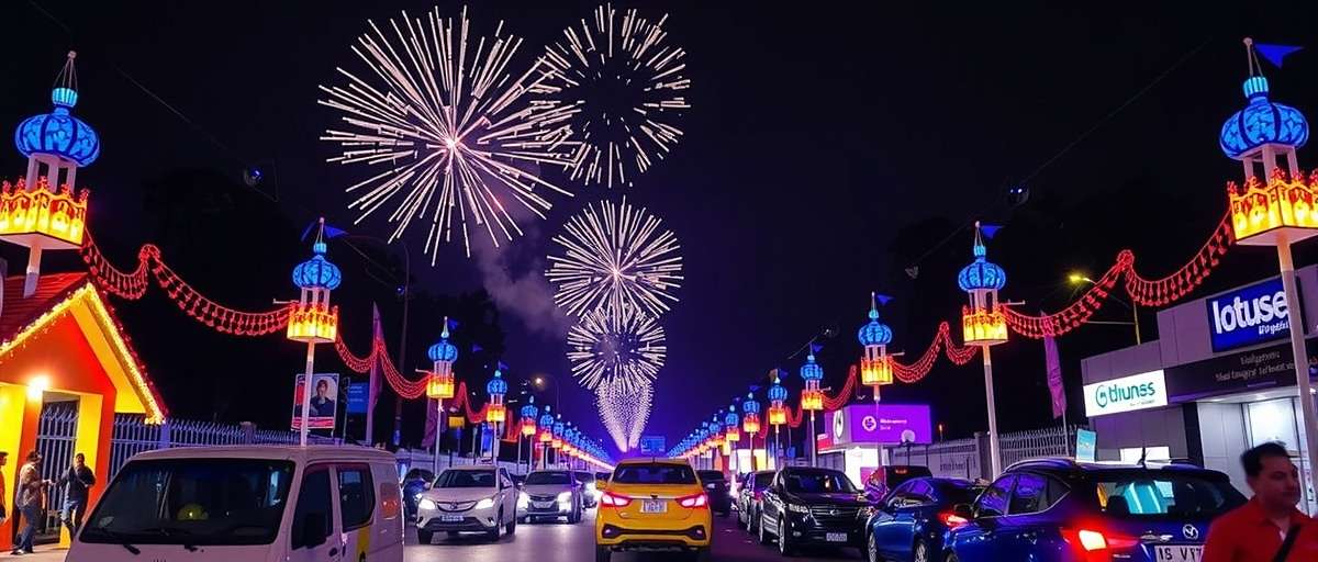 Diwali celebration in Bangalore Blues showing decorated streets and virtual fireworks